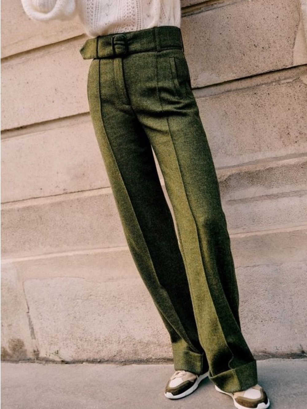 SEZANE Green 100% Wool Pants High Waisted Seamed Belted Pants Lukas Trousers